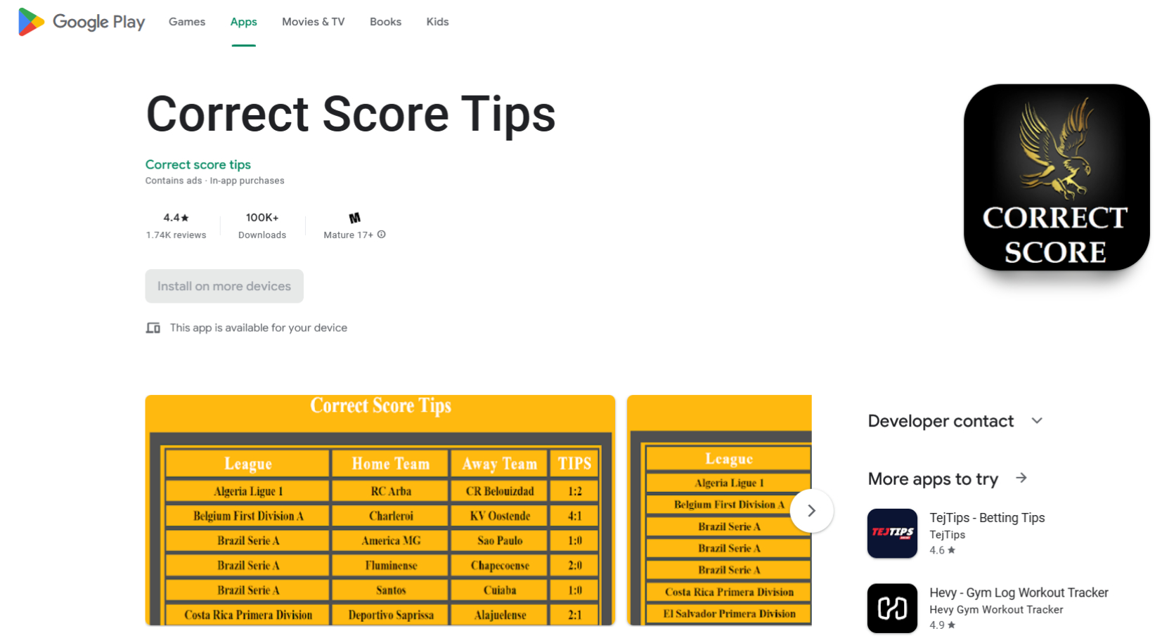 Image of Correct Score Tips app page