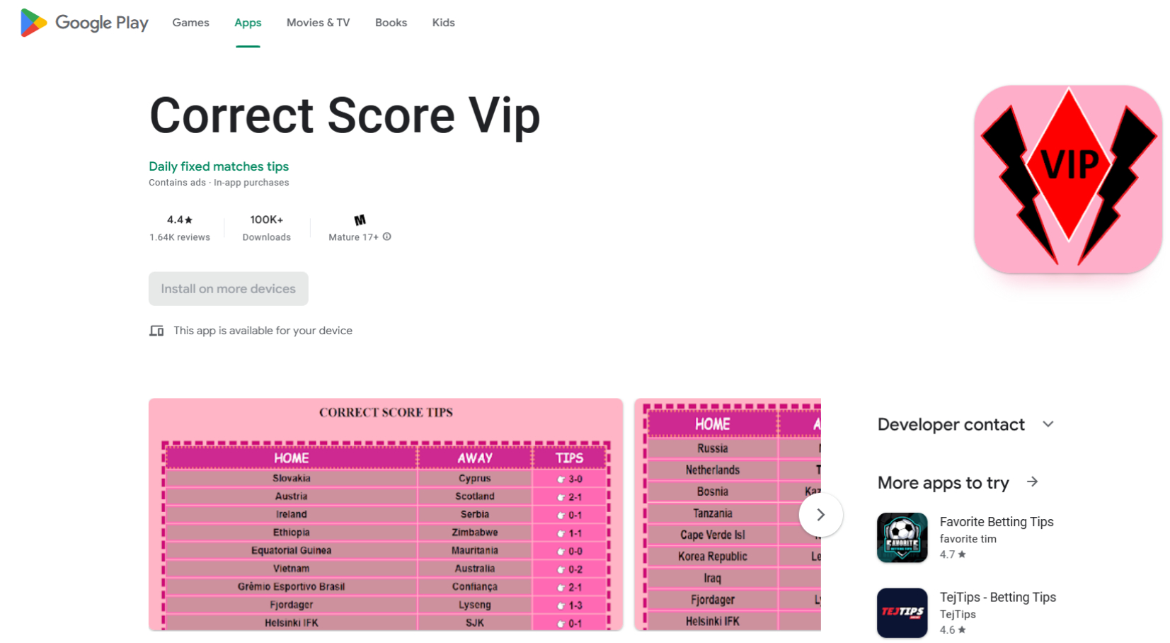 Image of Correct Score Vip app page